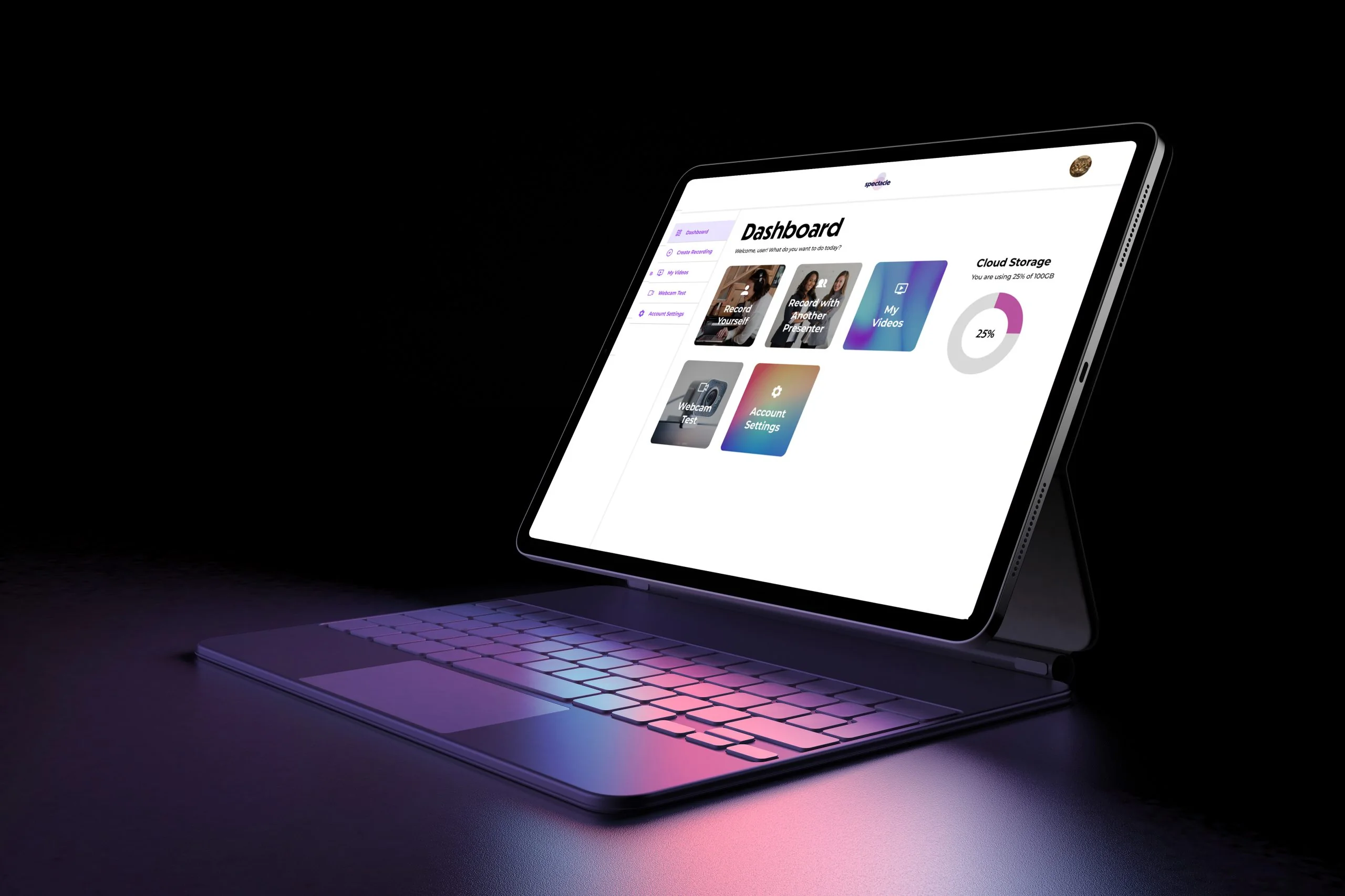 Spectacle desktop dashboard with recording, video library, webcam test, and account tools