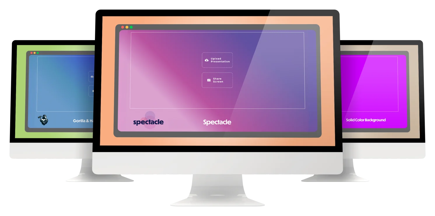 Three desktop monitors displaying Spectacle presentation and screen-sharing layouts