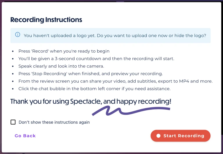 Spectacle desktop recording instructions with controls to go back or start recording