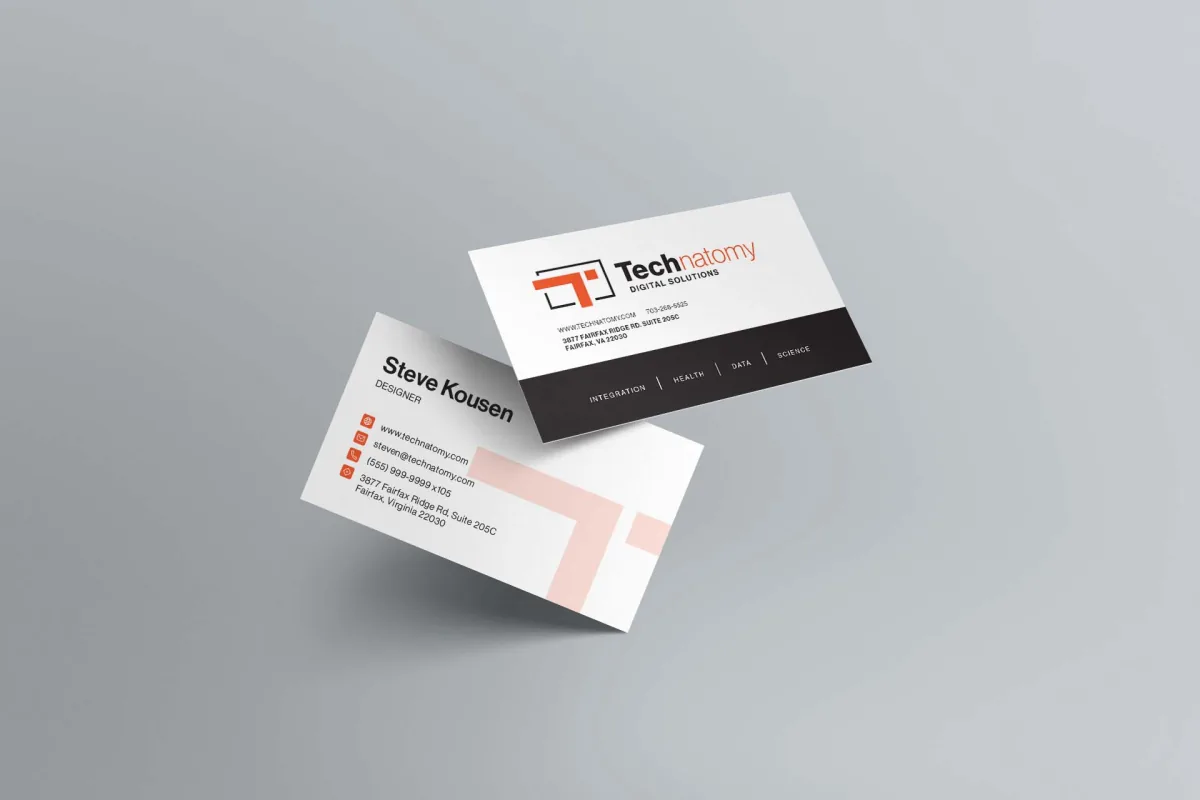 Technatomy business card designs shown from the front and back