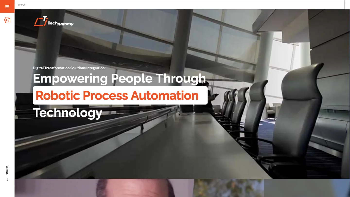 Previous Technatomy homepage with a meeting-room photograph and robotic process automation headline